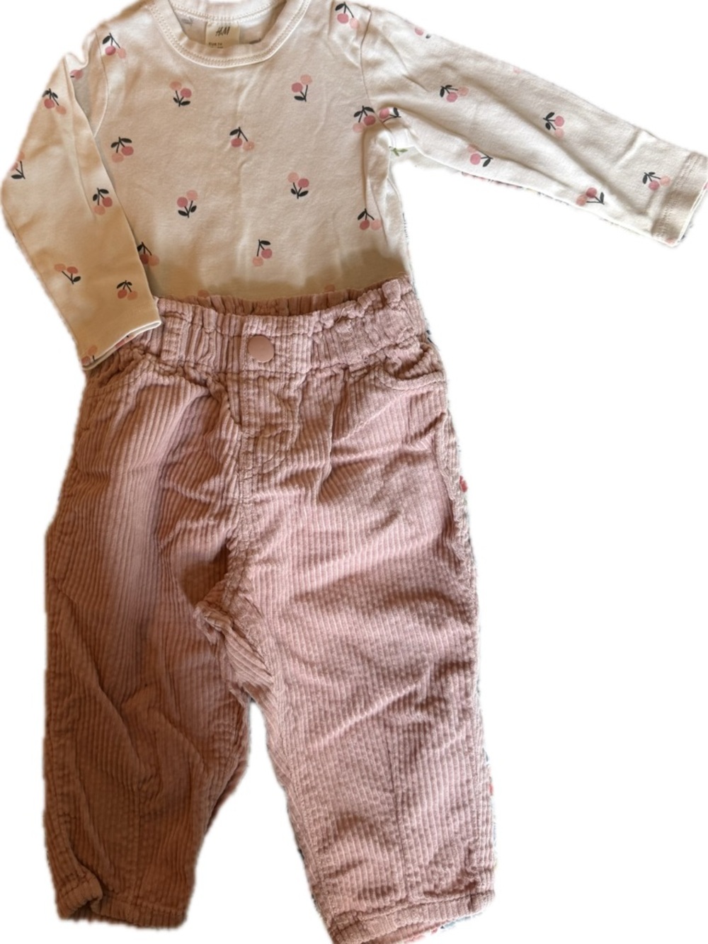 H&M 6-9M Infant Pink Corduroy Joggers and Cream Long Sleeve Onesie with Cherries